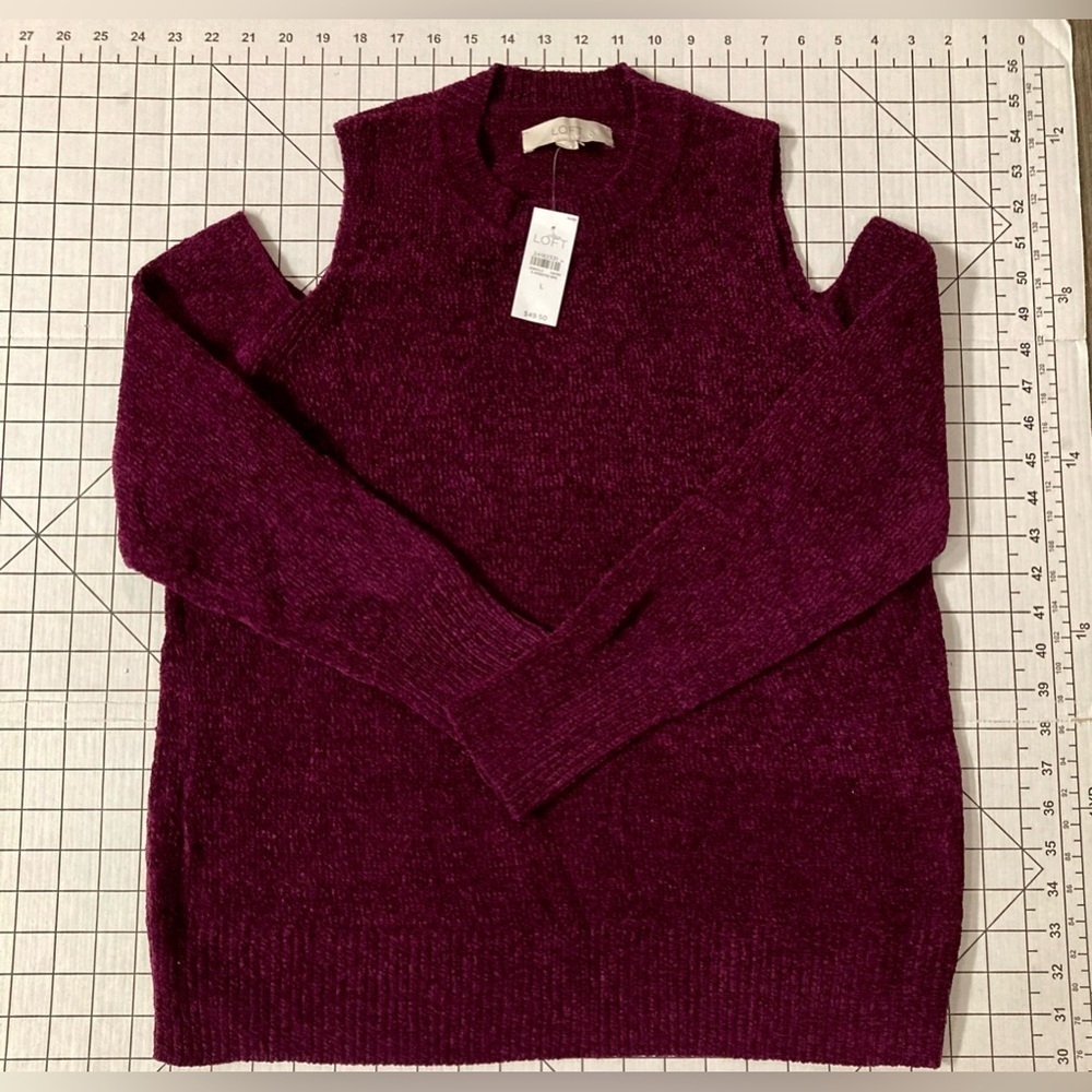 NWT LOFT Size Large Purple Super Soft & Cozy Chenille Cold Shoulder Sweater
